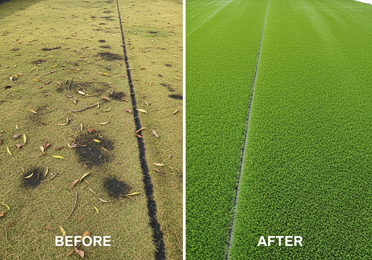 Before and after pet odor removal on artificial turf