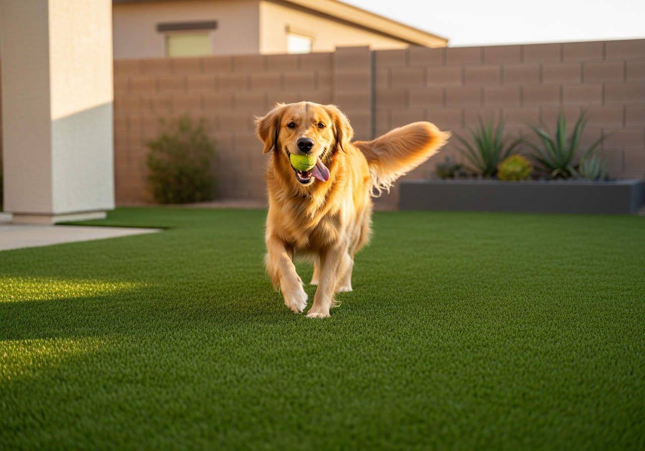 Happy dog on clean fresh artificial turf after pet odor removal