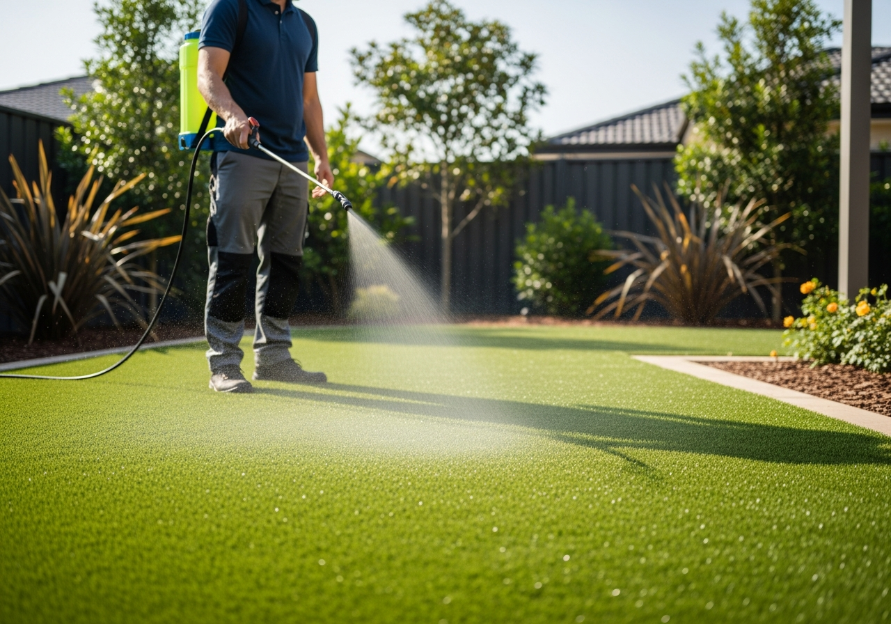 Professional turf sanitizing treatment being applied to artificial grass