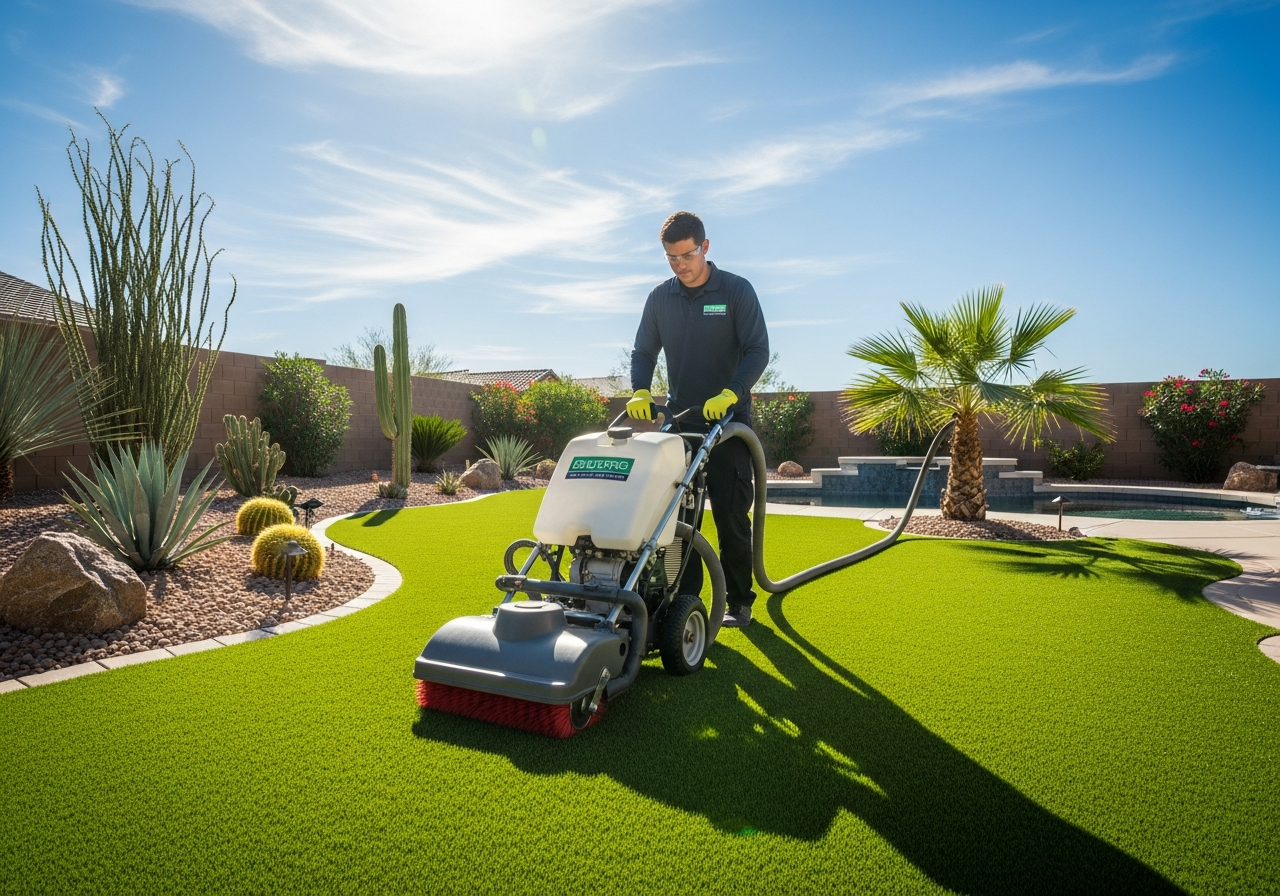 Professional turf cleaning service in a Las Vegas backyard